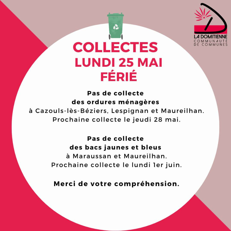 Informations collectes - férié lundi 25 mai