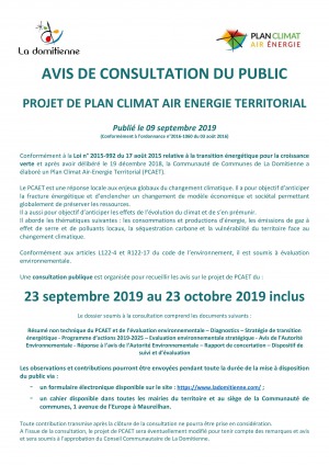 Avis de Consultation du public - projet de plan climat air énergie territorial