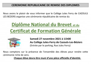 Cérémonie républicaine de remise du Diplôme National du Brevet et du Certificat de Formation Général