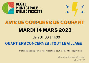 Régie Municipale d'Électricité / Avis de coupures de courant