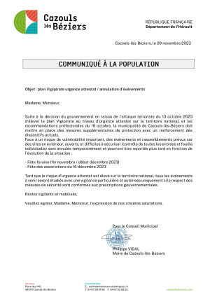 Communiqué à la population / plan Vigipirate urgence attentat