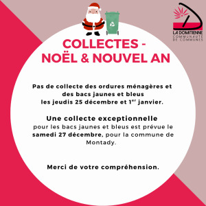 Collectes et déchèteries - fériés Noël et jour de l'an